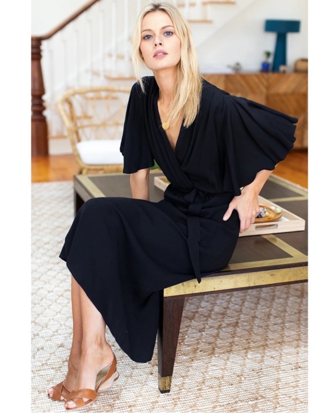 NWT Emerson Fry Lila Dress Flutter Sleeve Black Viscose Crepe XS